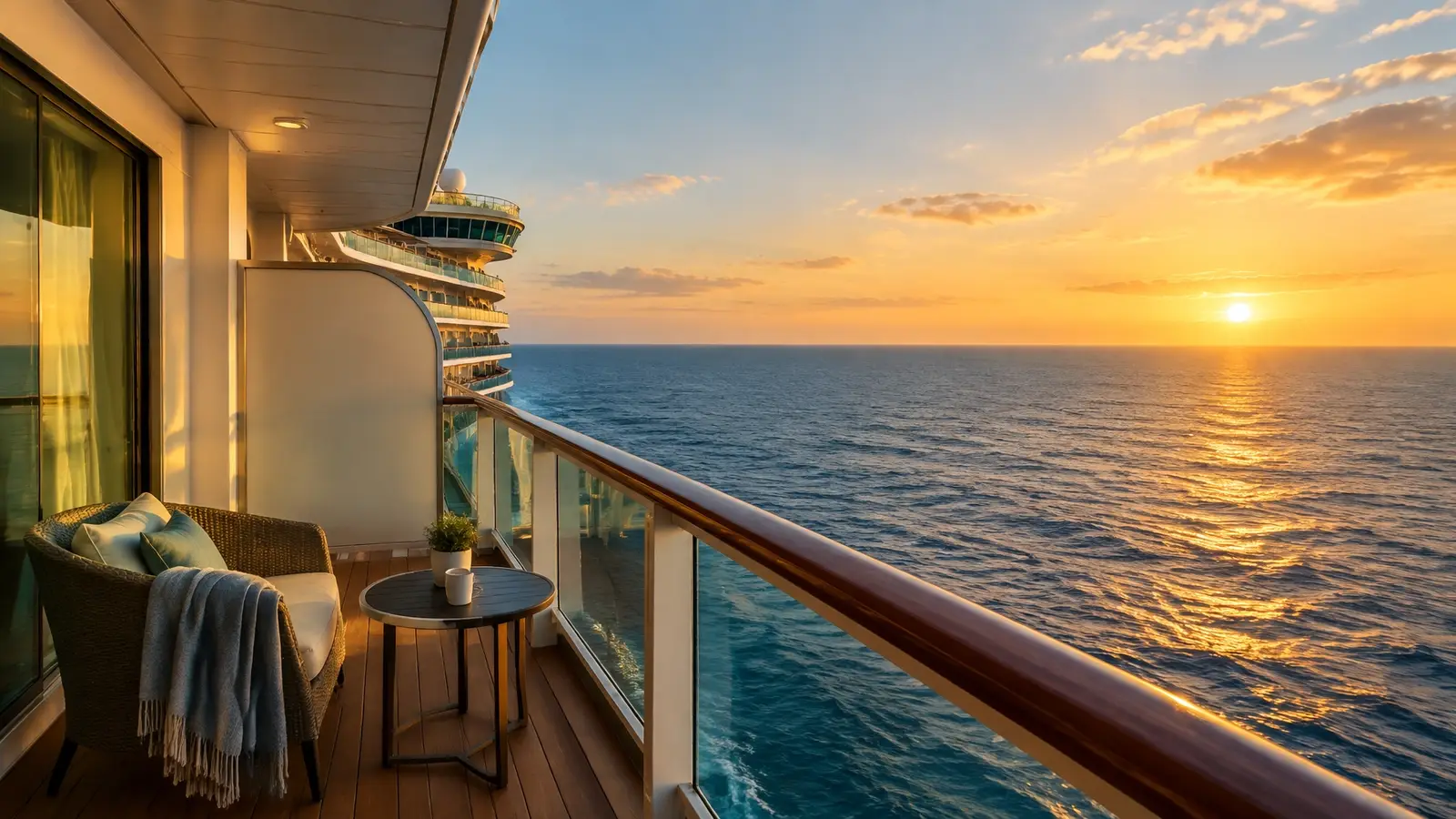 Unbranded cruise ship deck and quiet ocean horizon glowing in warm golden-hour light