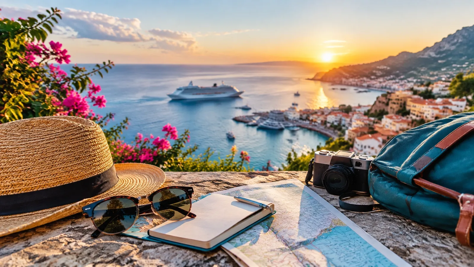 Travel journal, map, camera, and sun hat overlooking a cruise ship at sunset